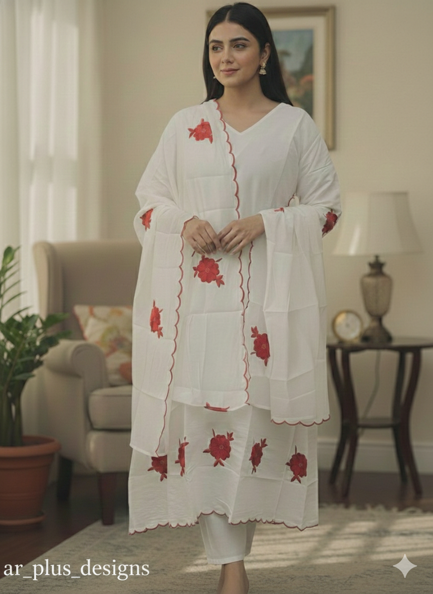 Classic White Floral Embroidered Ethnic Set