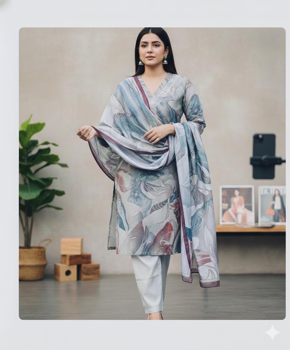 NEWRA Styles | Elegant Grey Floral Digital Print Ethnic Set