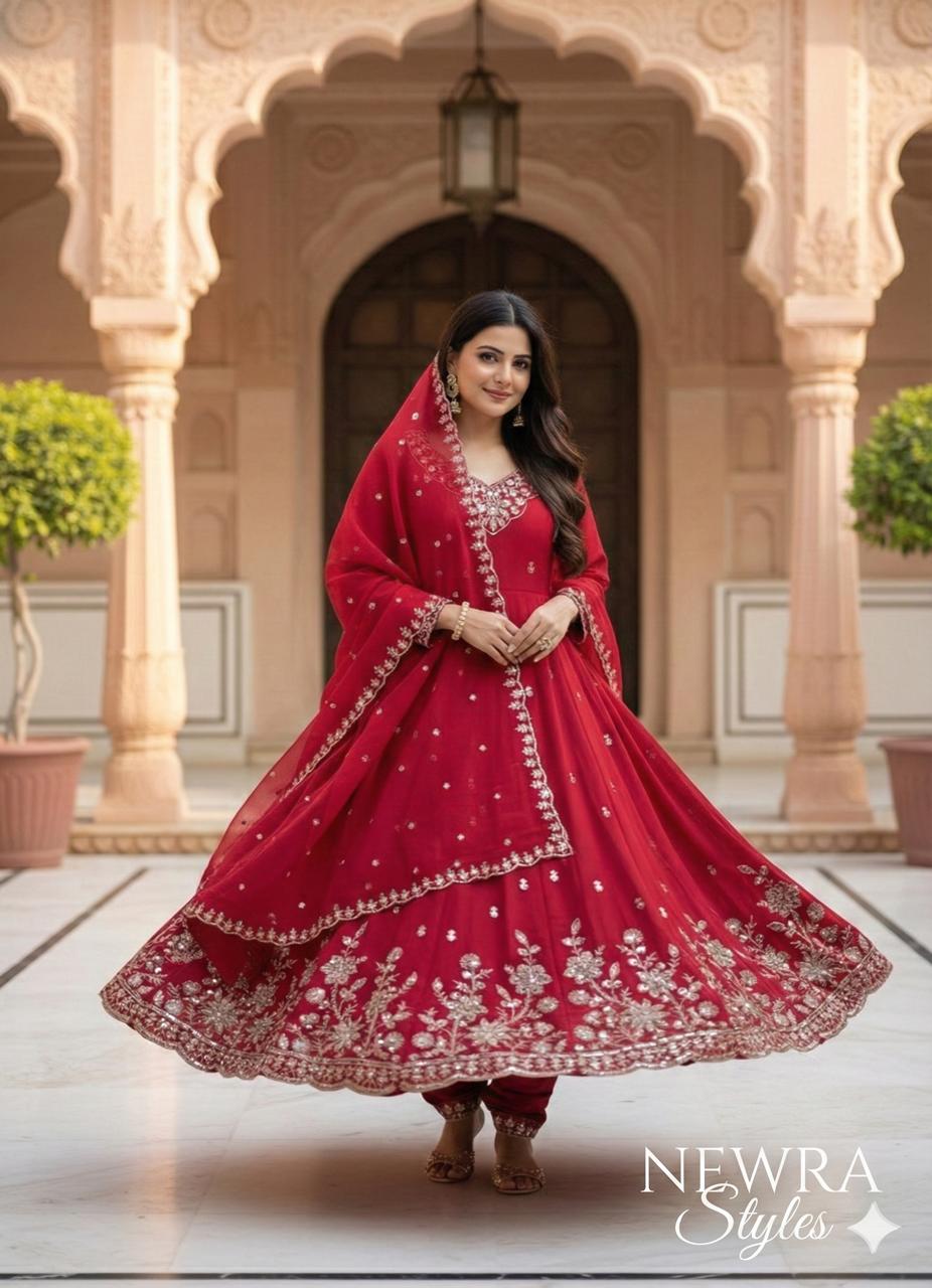 Elegant Red Embroidered Churidar Set